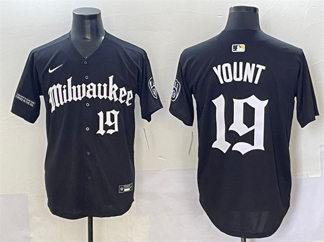 Men's Milwaukee Brewers #19 Robin Yount Black 'Gothic 414 Shadows Edition' Vapor Premier Limited Stitched Jersey